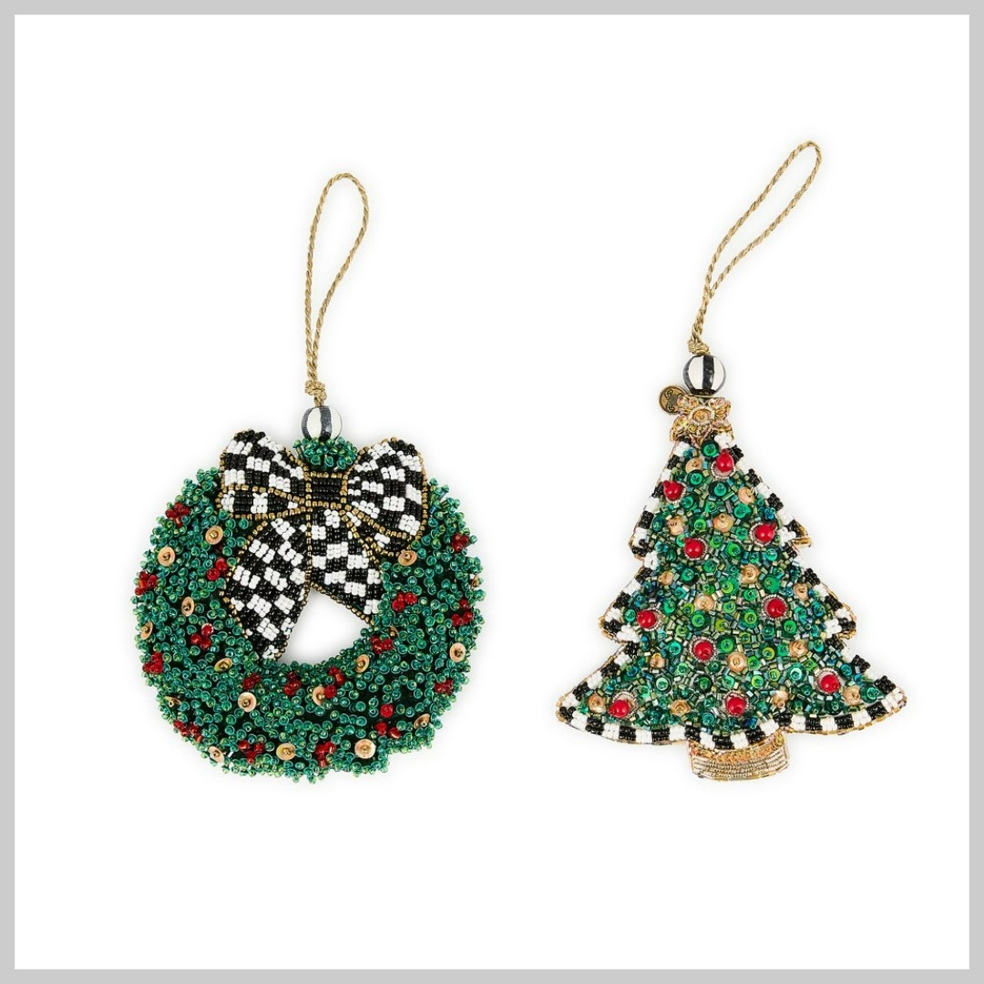 MacKenzie-Childs Holiday Beaded Wreath & Tree Ornaments Set of 3