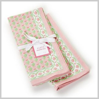 Cloth Napkins-Floral Block Print Pink & Green- Set Of 4