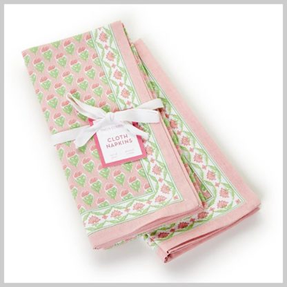 Cloth Napkins-Floral Block Print Pink & Green- Set Of 4