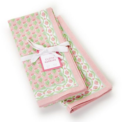 Cloth Napkins Floral Block Print Napkins Pink & Green- Set Of 4