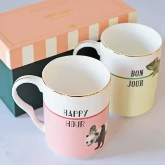 Yvonne Ellen Set/2 Mugs Bonjour/happy Hour
