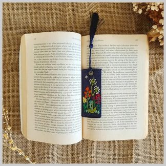 Vintage Linen Bookmark With Cute Floral Embroidery - 1.Flower Garden-Navy