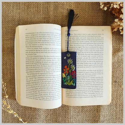 Vintage Linen Bookmark With Cute Floral Embroidery - 1.Flower Garden-Navy