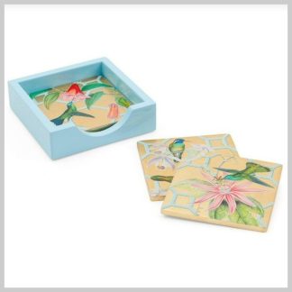 Caspari Lacquer Gold Coasters Hummingbird Trellis Set of 4
