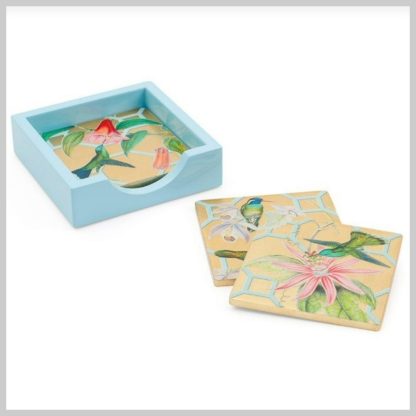 Caspari Lacquer Gold Coasters Hummingbird Trellis Set of 4