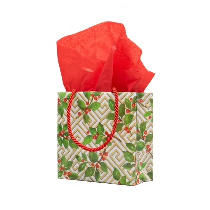 Caspari Gift Bag Holly and Fretwork-Large - Image 2