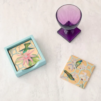 Caspari Lacquer Gold Coasters Hummingbird Trellis Set of 4 - Image 2