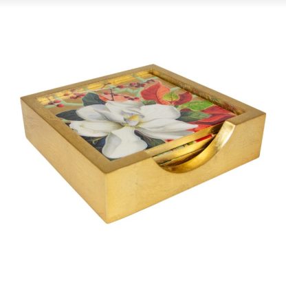 Caspari Lacquer Coaster Christmas Garden Set of 4 - Image 5