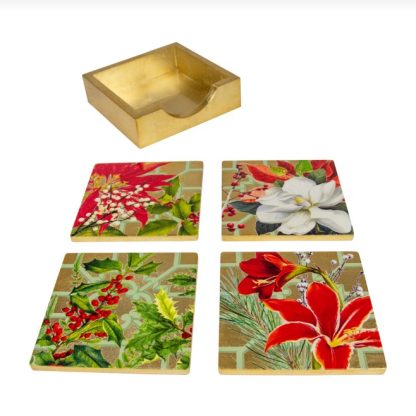 Caspari Lacquer Coaster Christmas Garden Set of 4 - Image 3