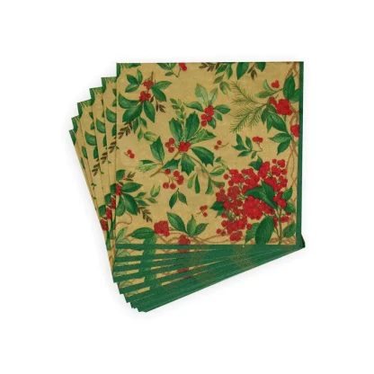 Caspari Holiday Holly Chintz Gold Cocktail Napkins