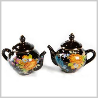 MacKenzie-Childs Salt & Pepper Set-Flower Market Teapots-Black