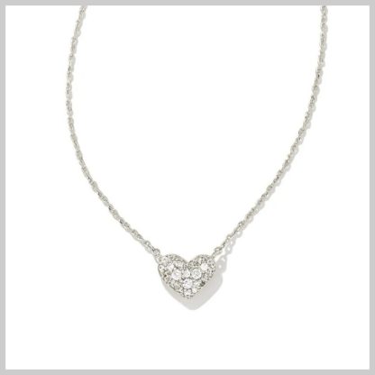 Kendra Scott Ari Silver Pave Crystal Heart Necklace in White Crystal