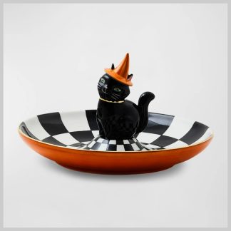 Mackenzie-Childs Trick or Treat Cat Check Candy Dish