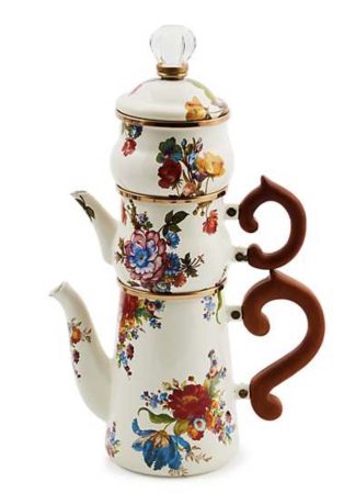 MacKenzie Childs White Flower Market Stackable Coffee Set