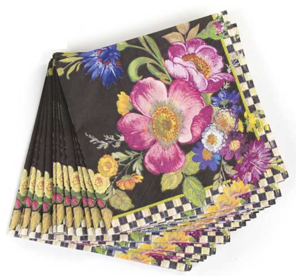 Mackenzie childs Black Flower Market Cocktail Paper Napkins fan