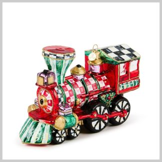 MacKenzie-Childs Holiday- Glass Ornament- Check It Out Train