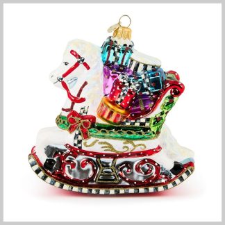 MacKenzie-Childs Holiday- Glass Ornament- Rocking Horse with Gifts