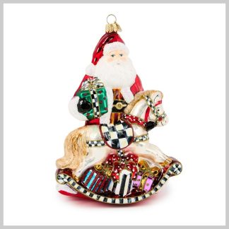 MacKenzie-Childs Holiday- Glass Ornament- Santa with Rocking Horse