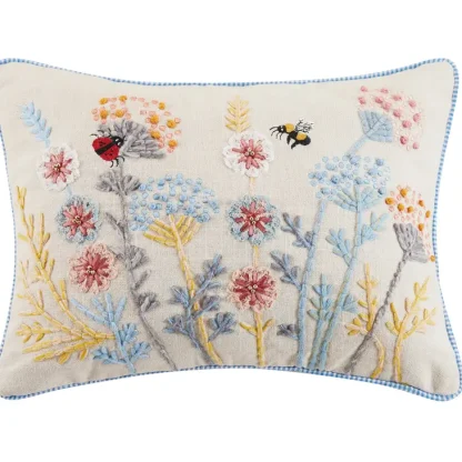 Peking Handicraft Gingham Flowers Embroidered Pillow