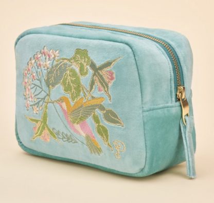 Powder Designs Velvet Makeup Bag Hummingbird Aqua