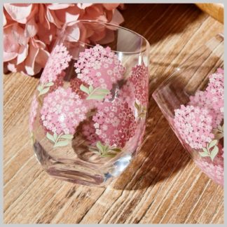 Stemless Wine Glass-Pink Hydrangeas