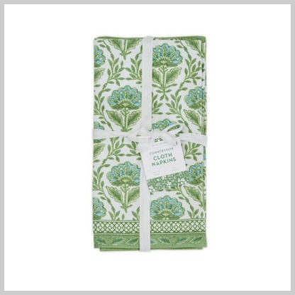 Cloth Napkins-Green Floral Stamp Pattern- Set of 4