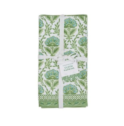 Cloth Napkins-Green Floral Stamp Pattern-Set of 4