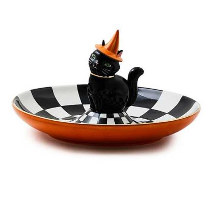 Mackenzie-Childs Trick or Treat Cat Check Candy Dish