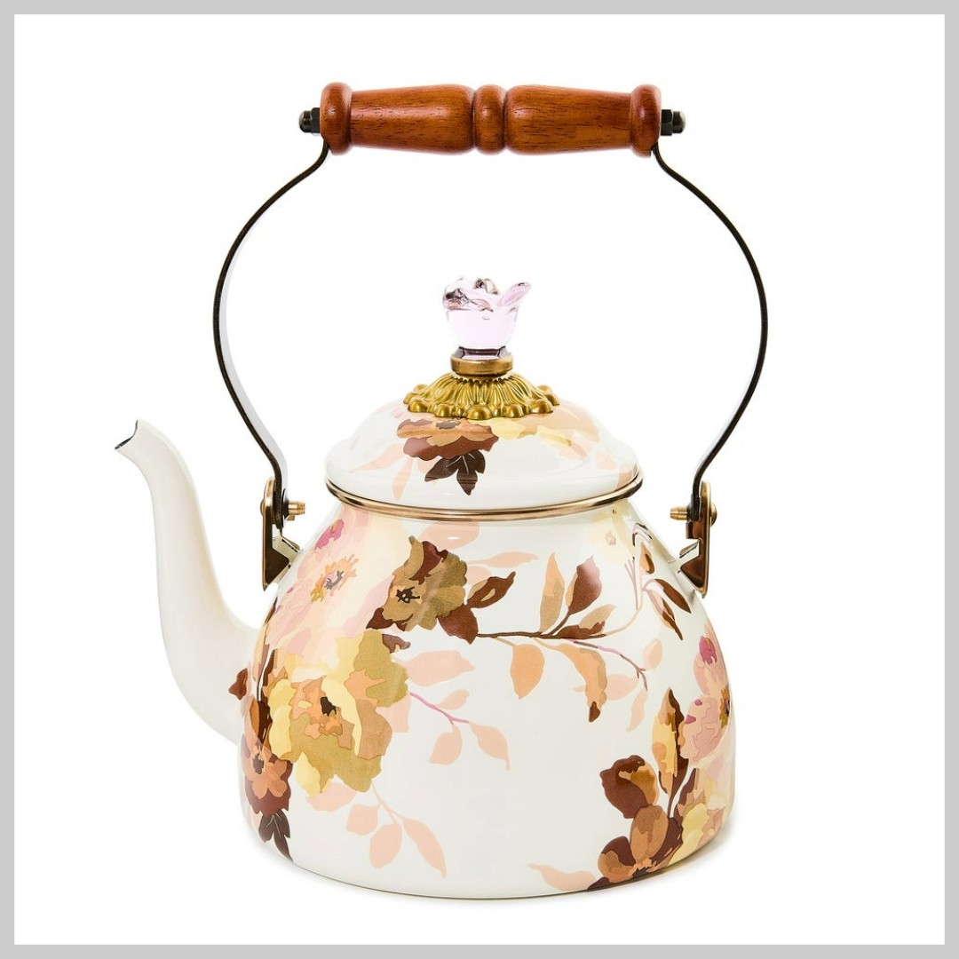 MacKenzie-Childs 2 Qt Tea Kettle-Wild Rose White