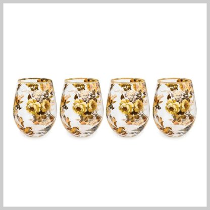 MacKenzie-Childs Fall Collection-Wild Rose Stemless Wine Glasses Set of 4